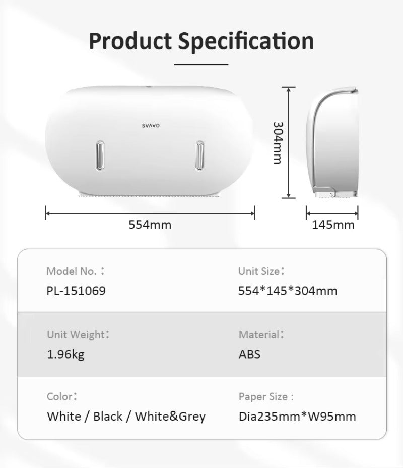 SVAVO PL-151069 壁掛式大卷紙巾分配器 - 雙大卷紙專用 ABS 材質 多色可選