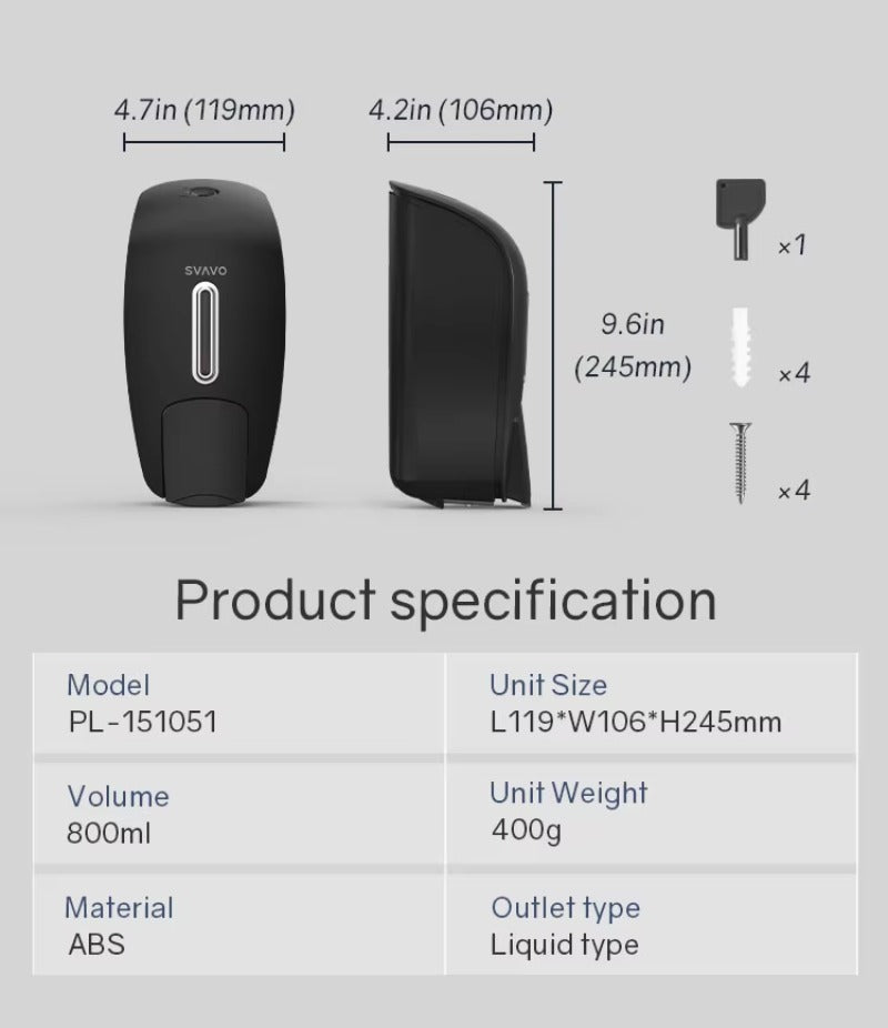 SVAVO PL-151051 手動液體皂液器 - 800ml 壁掛式 底部按壓 白 / 白 + 灰 / 黑三色可選