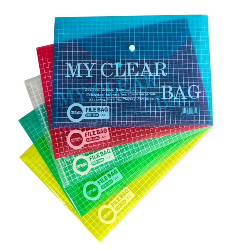 Kidario A4 橫式透明按扣彩色文件袋 KBB-209A 18C PP 材質 防水