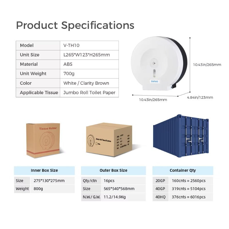 SVAVO V-TH10 壁掛式商用浴室超大卷衛生紙分配器 - ABS 塑料材質