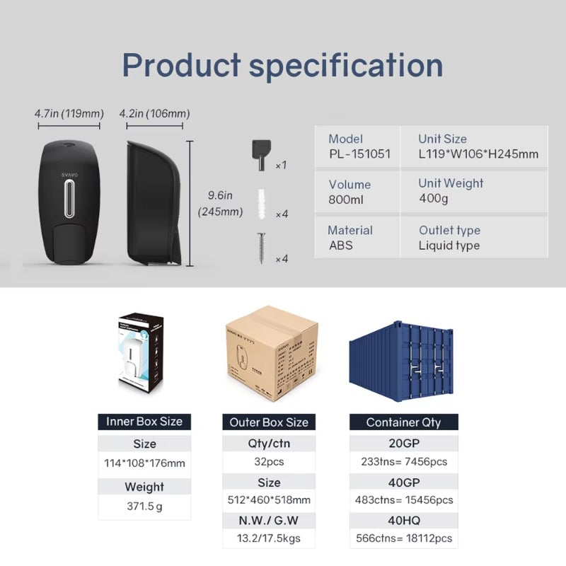 SVAVO PL-151051 手動液體皂液器 - 800ml 壁掛式 底部按壓 白 / 白 + 灰 / 黑三色可選