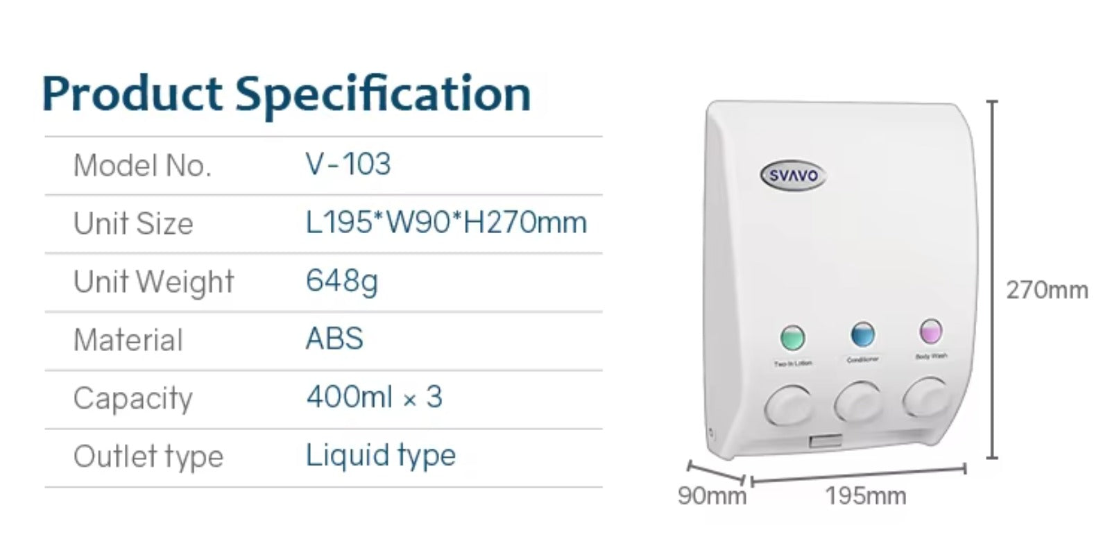 SVAVO V-103 三格觸控式液體皂液器 - 3×400ml 壁掛式 白色 ABS 材質