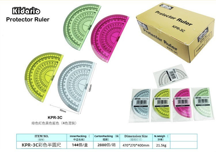 Kidario KPR-3C 彩色半圓尺 | 4 色混裝 直徑 100mm 量角繪圖專用