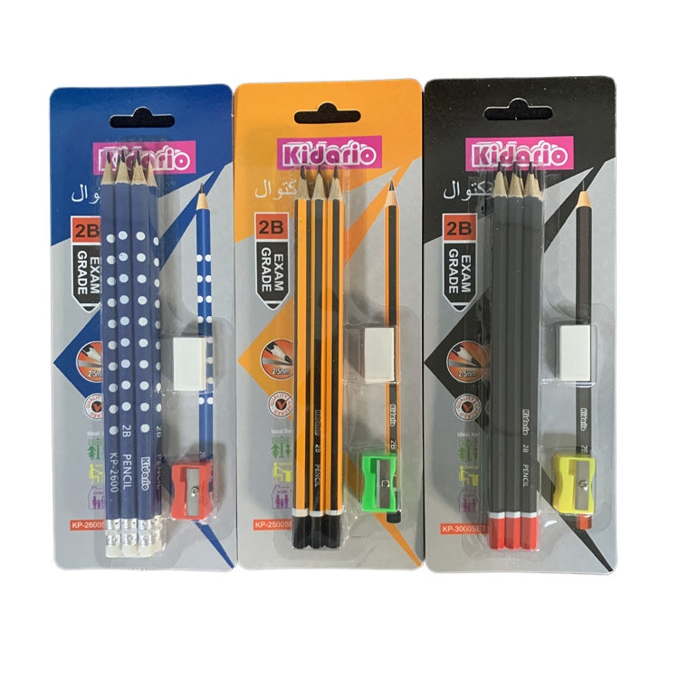 Kidario 2B 鉛筆套裝 | KP-2600/2500/3000SET 藍黃黑桿 6 鉛筆 + 筆刨 + 橡皮擦