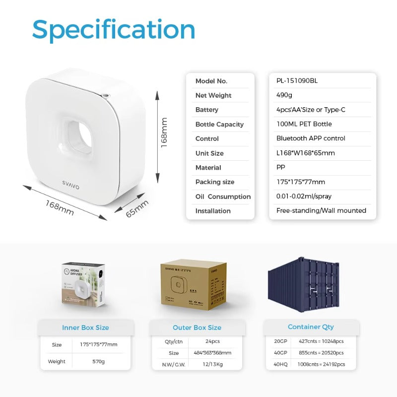 SVAVO PL-151090BL APP 控制無水香薰機 - 51-100mL 容量 壁掛 / 桌面兩用 含電池 + Type-C 供電