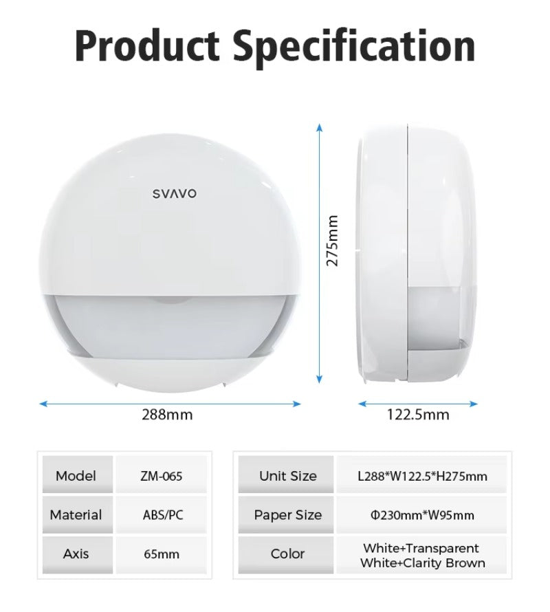SVAVO ZM-065 壁掛式商用浴室大卷衛生紙架 - ABS 材質 現代簡約款 白 + 透明 / 透明棕可選