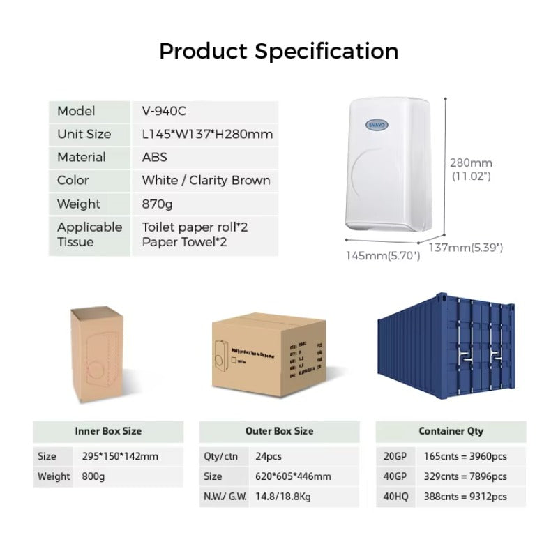 SVAVO V-940C 壁掛式卷紙盒分配器 - ABS 材質 現代款 白 / 白 + 透明棕可選（手紙 / 小卷紙兩用）