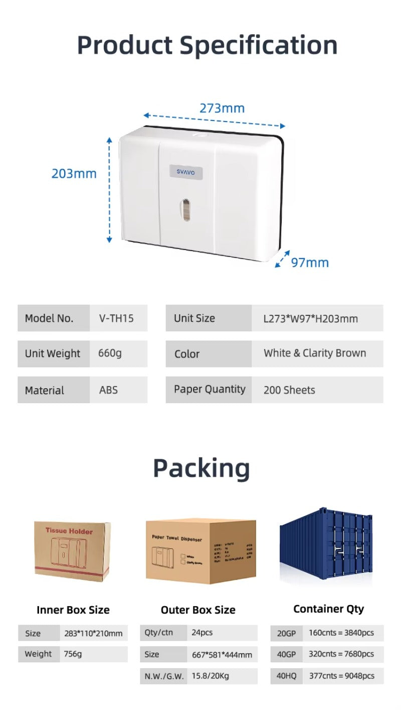 SVAVO V-TH15 壁掛式紙巾架 - 塑料材質 現代風格（16 個 / 箱）