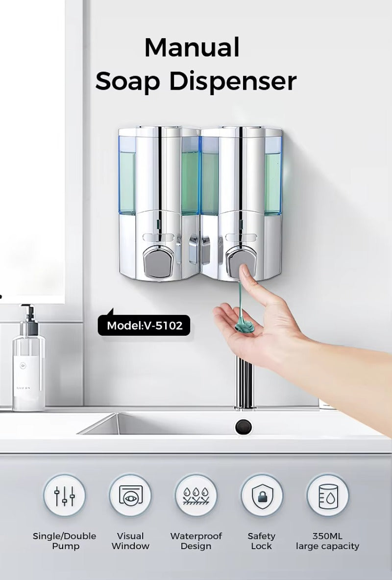 SVAVO V-5102 雙格手動皂液器 - 2×350ml 壁掛式 酒店專用 白 / 鉻色可選