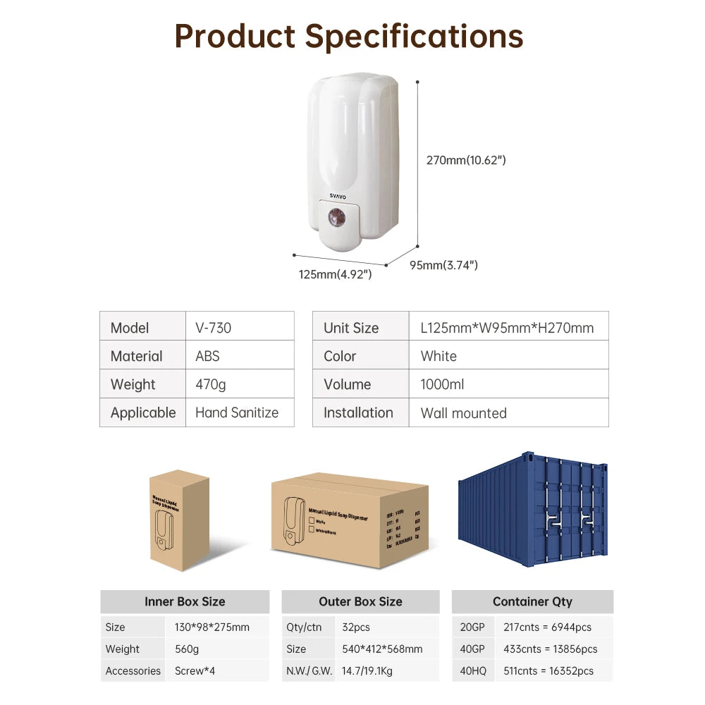 SVAVO V-730 手動液體皂液器 - 1000ml 壁掛式 現代白色款