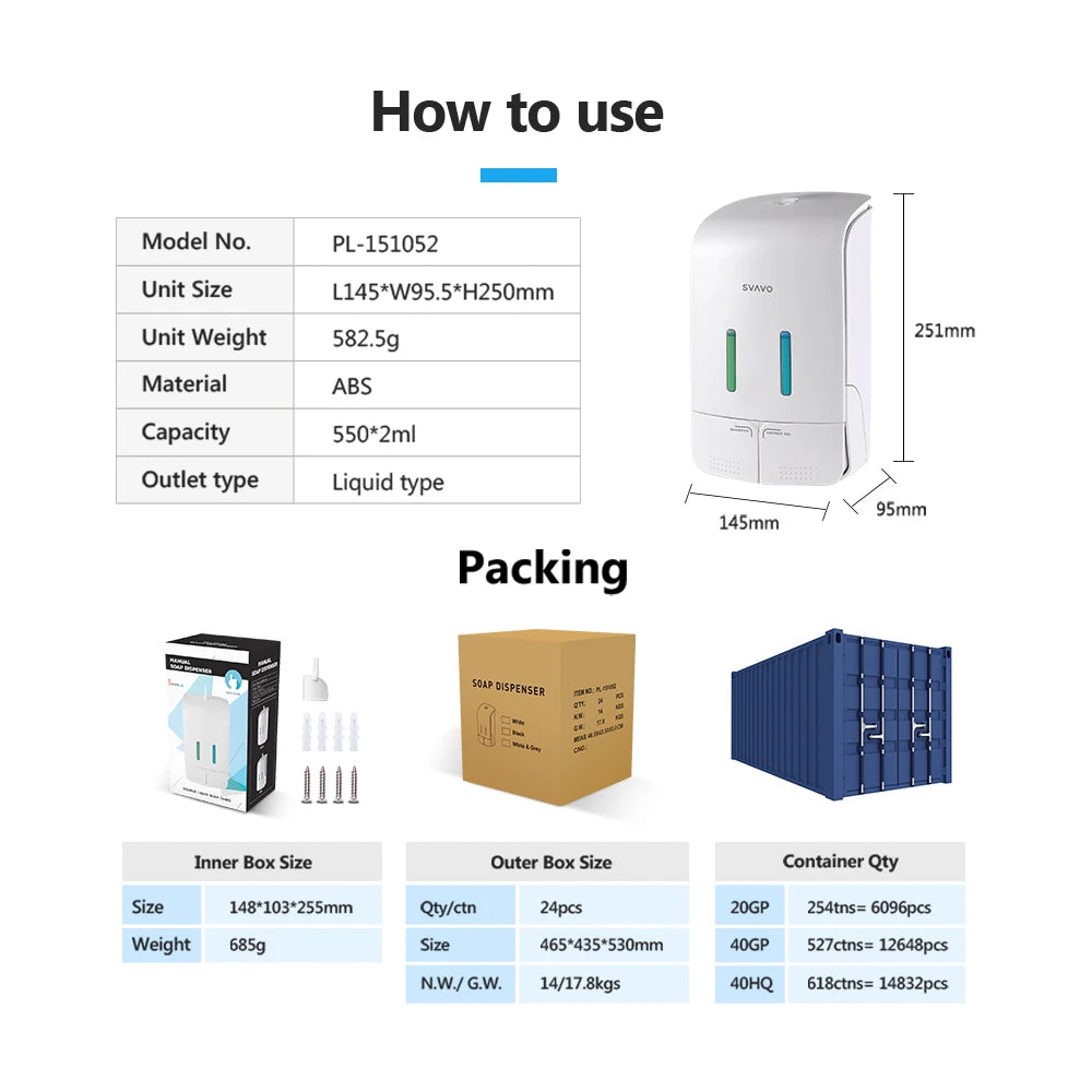 SVAVO PL-151052 批發雙頭手動皂液器 - 可補充式洗手乳分配器