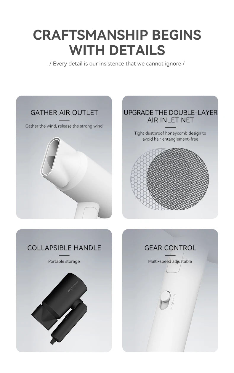 FaLin FL-1302 折疊式負離子吹風機 - 1600W 3 檔調速 雙回網雙風嘴 黑 / 白 / 灰三色（旅行適用）