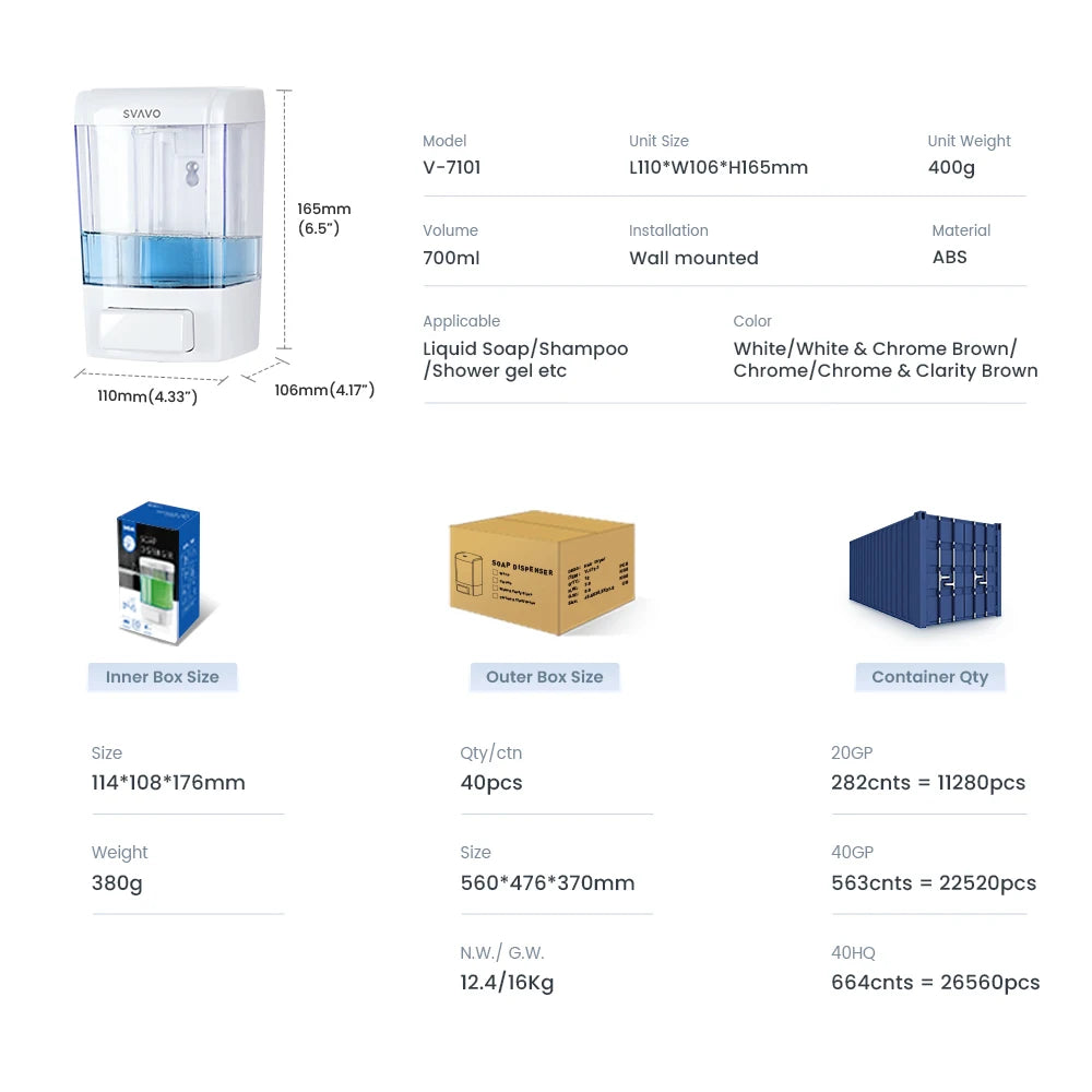 SVAVO V-7101 浴室掛式皁液器 - 700ml 可補充式