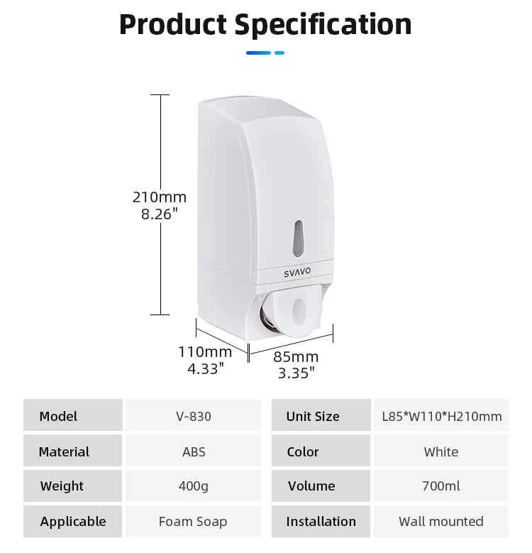 SVAVO V-830 手動泡沫皂液器 - 700ml 壁掛式 多場所適用