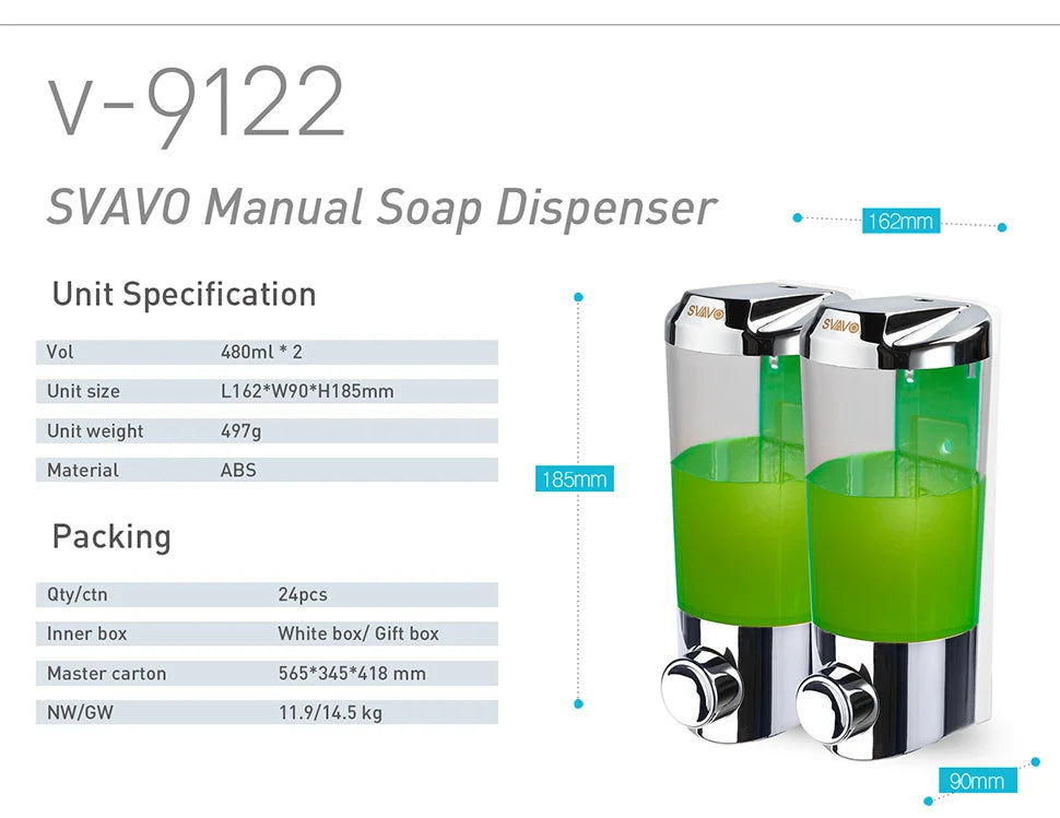 SVAVO V-9122 雙格手動皂液器 - 2x400ml 壁掛式 適用肥皂及消毒凝膠