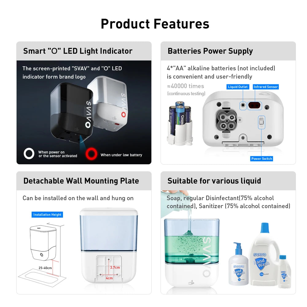 SVAVO OS - 0410 自動泡沫皂液器 - 1000ml 免打孔壁掛式 白 / 黑 / 鉻色可選