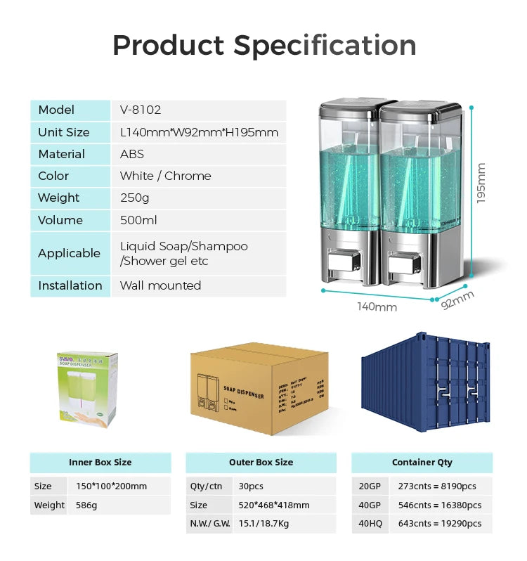 SVAVO V-8102 雙頭手動皂液器 - 500ml*2 壁掛式