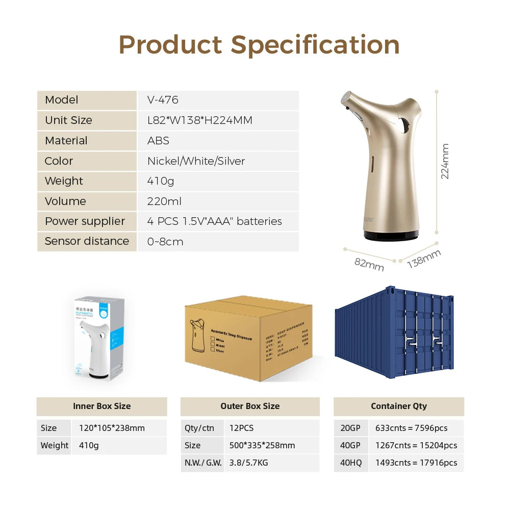 Svavo V - 476 紅外線自動感應皂液器 - 200ml 臺置式 白 / 銀 / 鎳三色可選