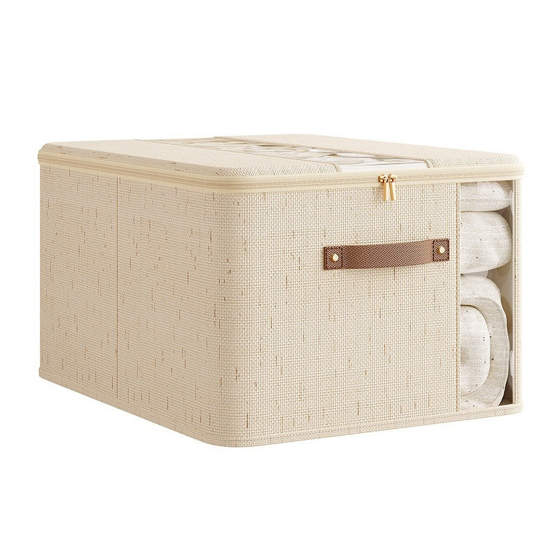 天山麻雙窗拉鏈收納箱｜大容量可折疊棉被衣物整理盒 家用佈藝儲物箱 日式簡約風格