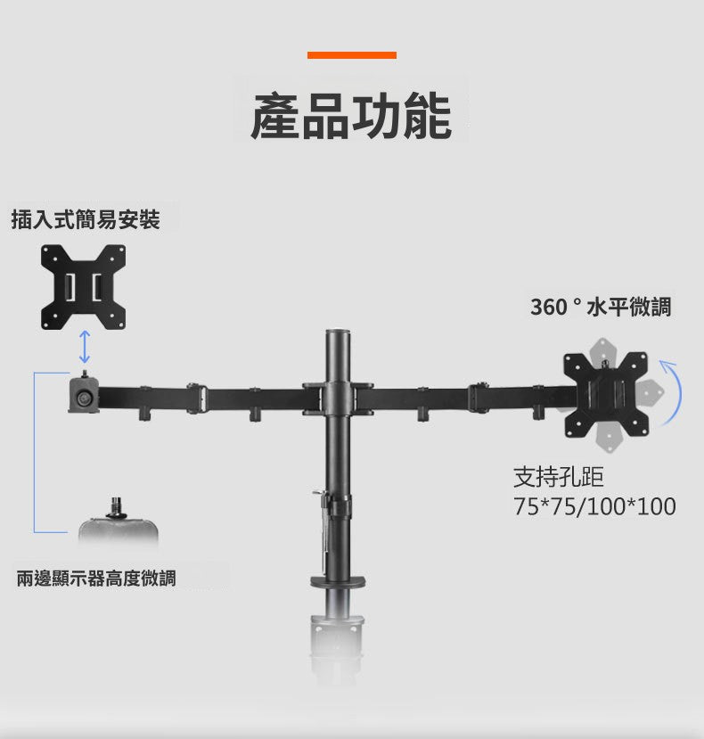 YGMSCG-02L 雙臂雙屏顯示器支架 夾具 / 穿孔兩用 萬向旋轉升降桌面掛架