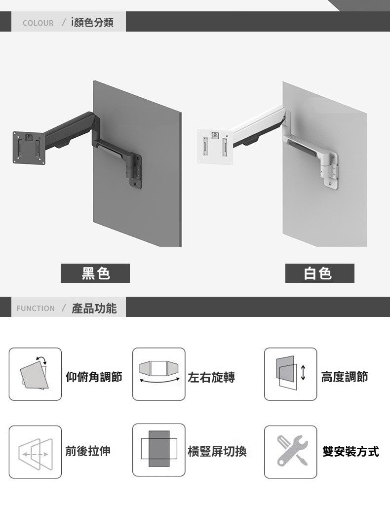 SH-W-2 13-32 寸顯示器壁掛架 鋁合金萬向旋轉伸縮升降支架