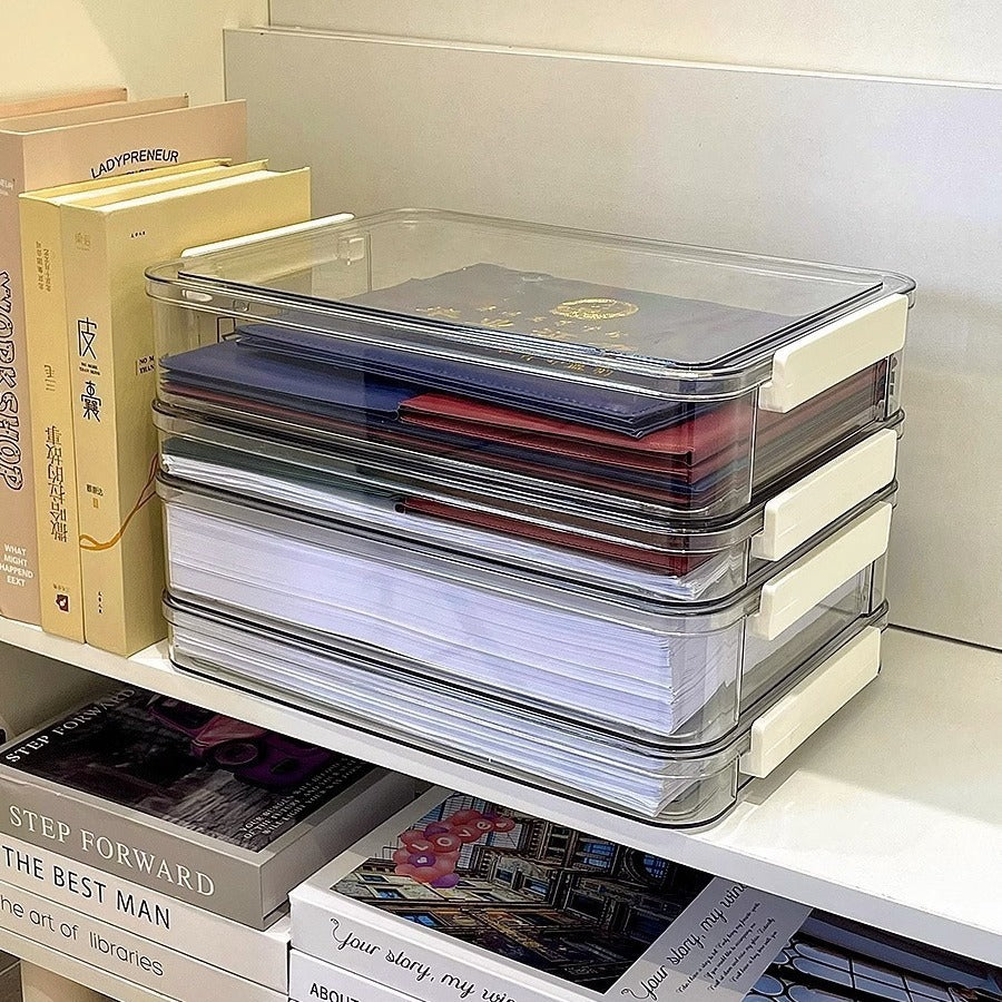A4 文件透明收納盒｜書房試卷證件整理盒 檯面大容量塑膠儲物盒 屋企辦公室慳位