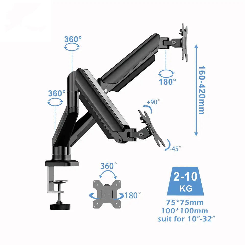 SH-01-02 鋁合金雙臂氣壓顯示器支架 承重 10KG 適用 32 寸 伸縮旋轉升降