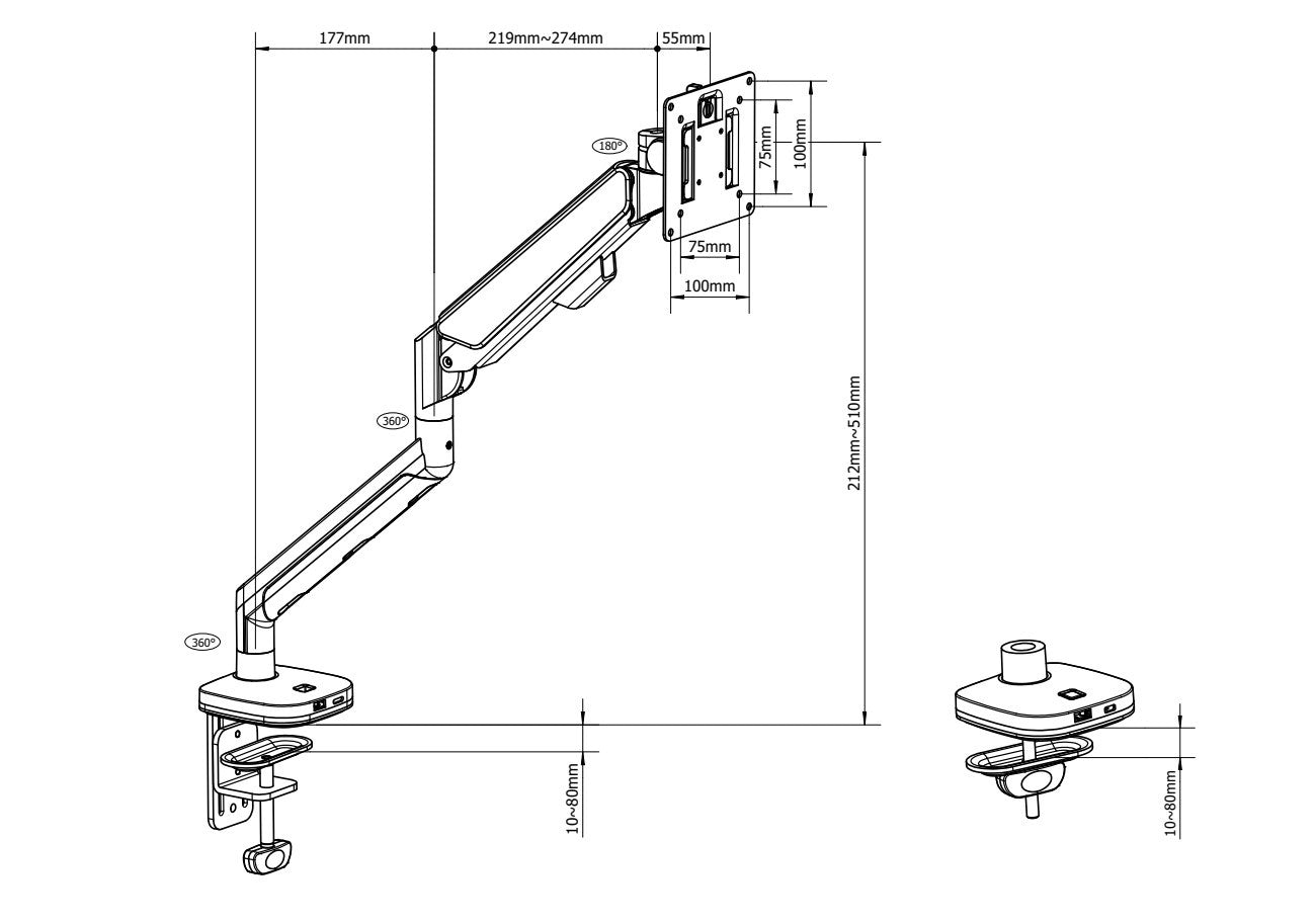 SH-ZB10U 36 寸 12 公斤大承重單臂氣彈簧顯示器支架 鋁合金台式掛架