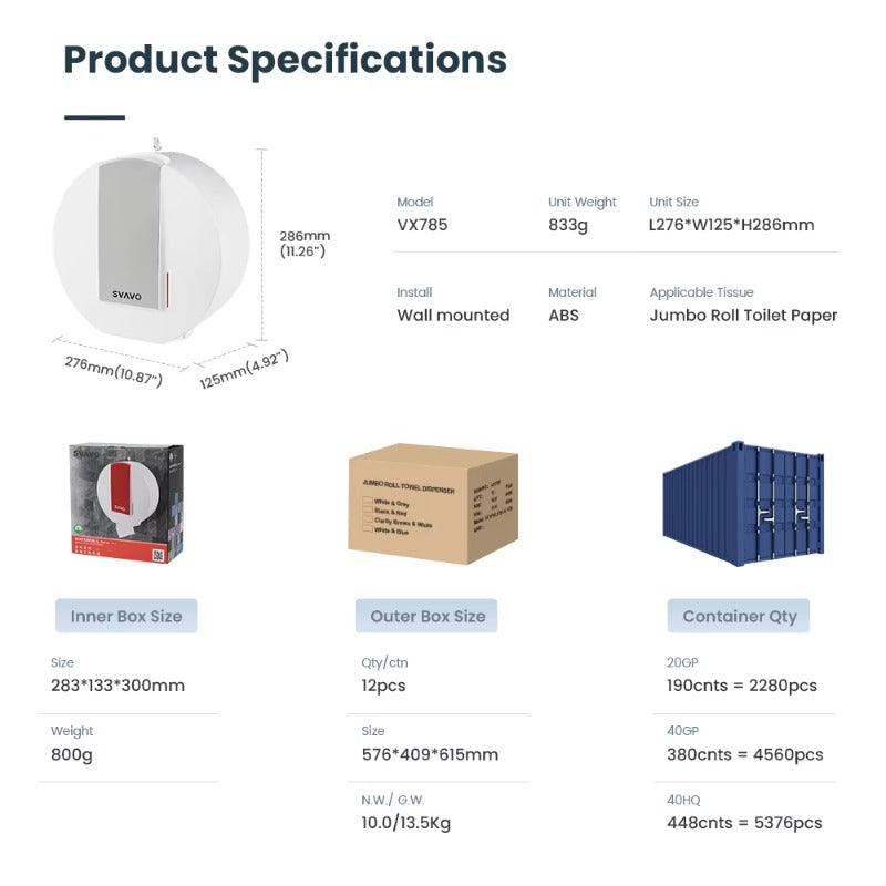 SVAVO VX785 壁掛式大卷紙巾分配器 - ABS 材質 現代款 白 / 白灰 / 黑色可選（手紙 / 小卷紙兩用）