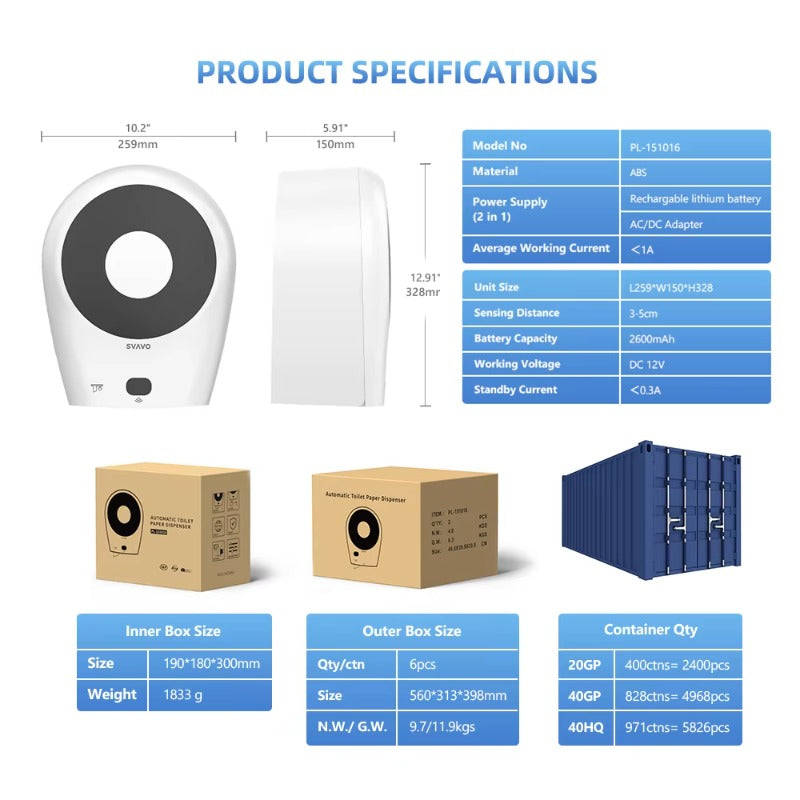 SVAVO PL - 151016 壁掛式感應自動切斷衛生紙分配器 - ABS 材質 現代風 白色