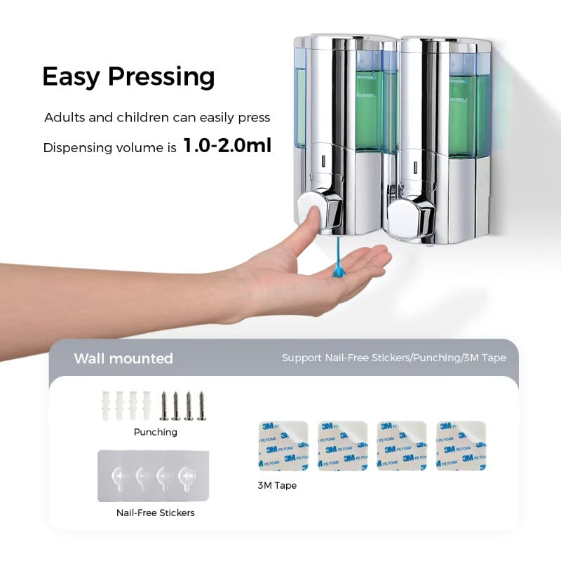 SVAVO V-5102 雙格手動皂液器 - 2×350ml 壁掛式 酒店專用 白 / 鉻色可選