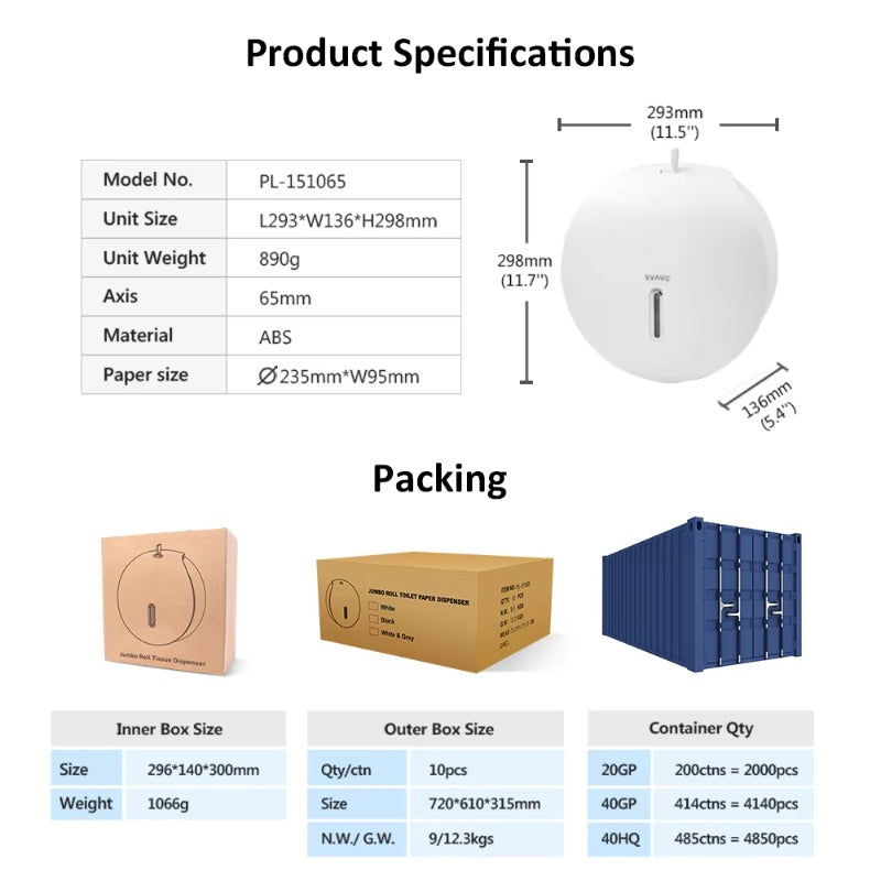 SVAVO PL-151065 壁掛式大卷衛生紙分配器 - ABS 材質 現代簡約款 白 / 黑 / 白灰可選