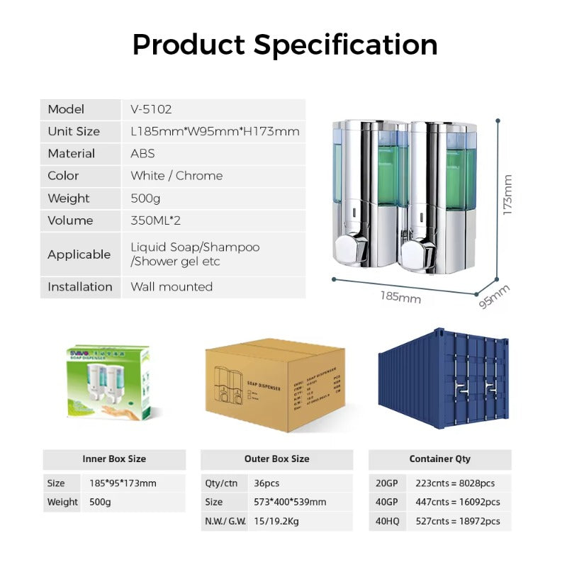 SVAVO V-5102 雙格手動皂液器 - 2×350ml 壁掛式 酒店專用 白 / 鉻色可選