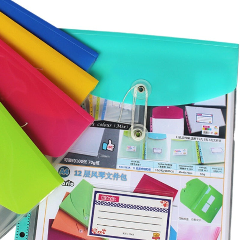 Kidario KH-1163A/KH-1164A A4-11 孔彩色透明豎式文件袋（按扣 / 扣繩款 18C PP 材質）