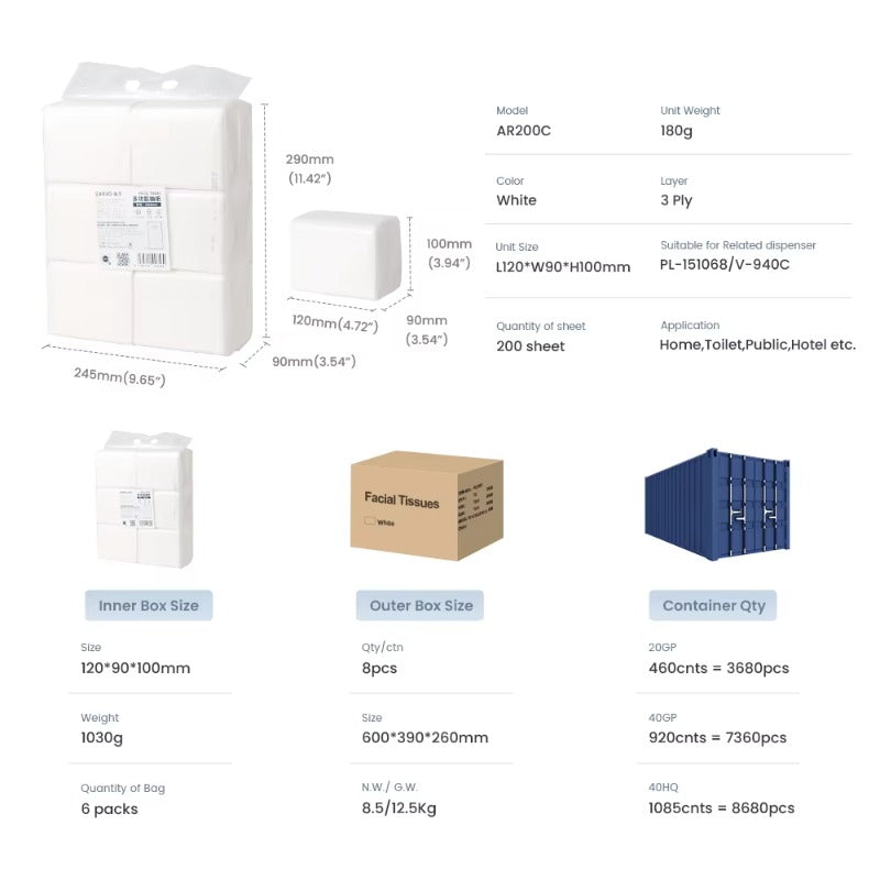 SVAVO AR200C 三層 200 張一次性柔軟面巾紙 - 適用多種場合