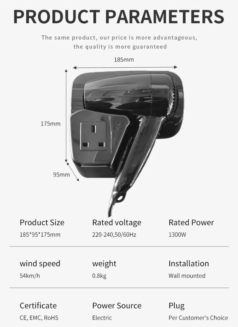 Falin FL-2101B 壁掛式電動吹風機 - 1300W 直流馬達 2 檔調速 防熱設計 酒店專用