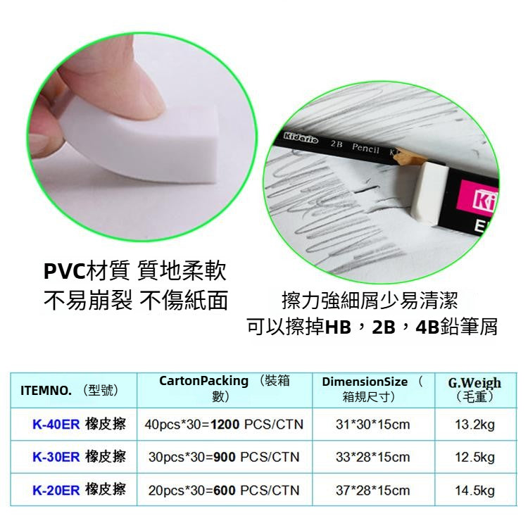 Kidario 多型号 PVC 橡皮擦 K - 40ER/K - 30ER/K - 20ER 學生辦公專用 適用 HB/2B/4B 鉛筆