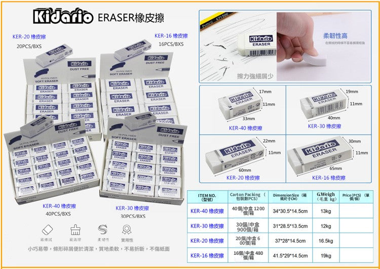 Kidario 多型號條形橡皮擦 | KER-40/30/20/16 學生辦公清潔必備 少屑不傷紙
